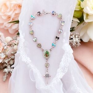 Lovely Heart Shaped Cross‎ Pendant Rosary Bracelet, Virgin Charm Silver Plated